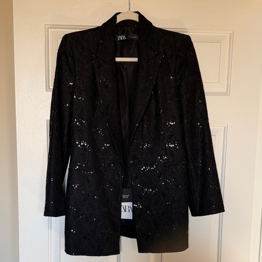 Zara Elegant Black Sequin Blazer Size Small